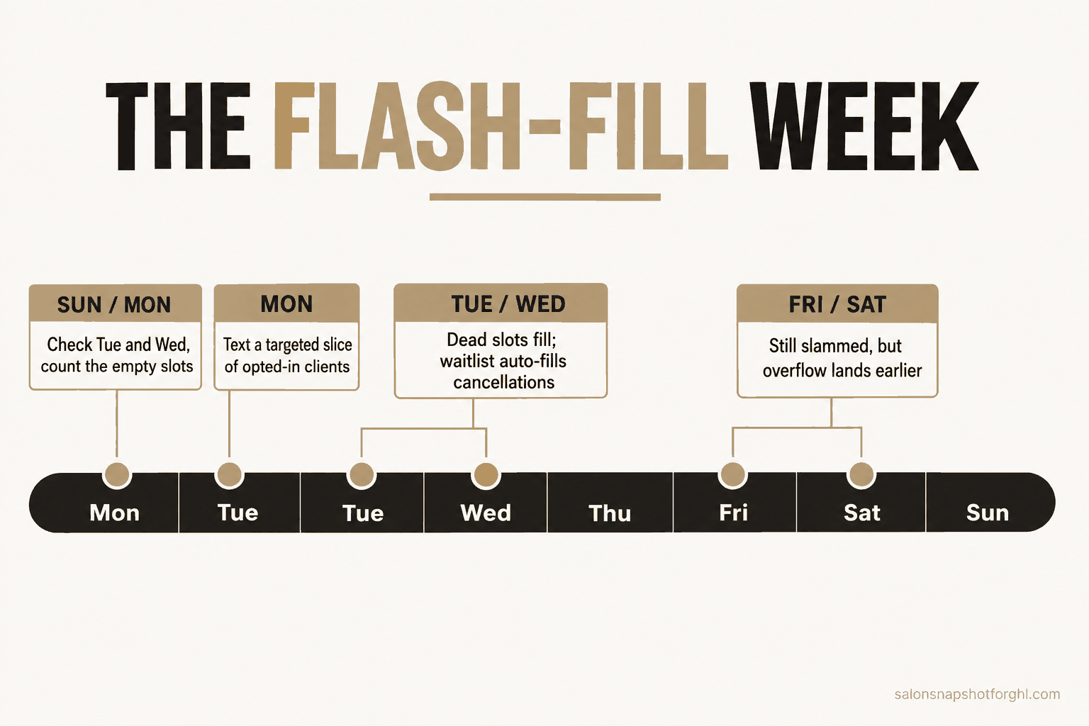 Timeline titled The flash-fill week: Sunday or Monday check Tuesday and Wednesday and count the empty slots, Monday text a targeted slice of opted-in clients, Tuesday and Wednesday the dead slots fill while the waitlist auto-fills cancellations, Friday and Saturday still slammed but overflow lands earlier.