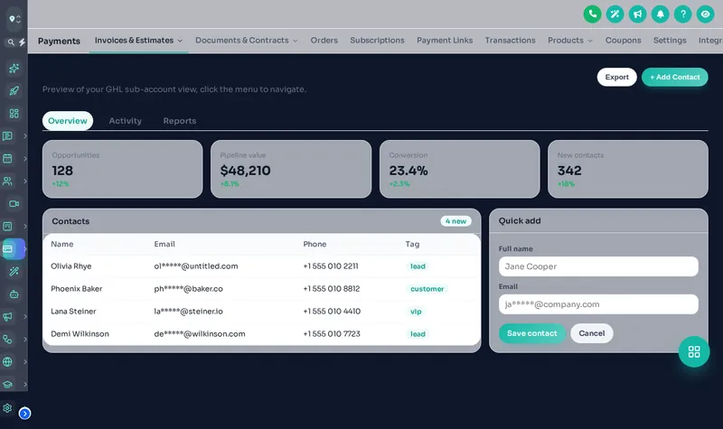 GoHighLevel with the sidebar collapsed to an icon rail and a floating quick menu bubble